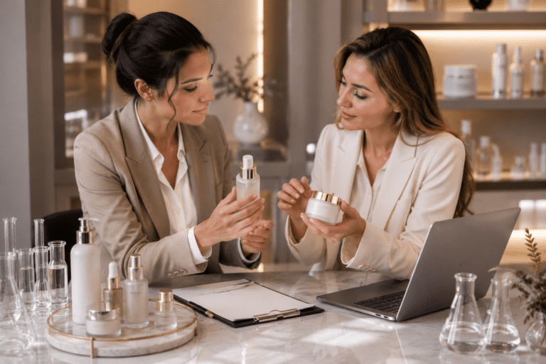Dos profesionales evaluando envases y formulaciones de productos cosméticos