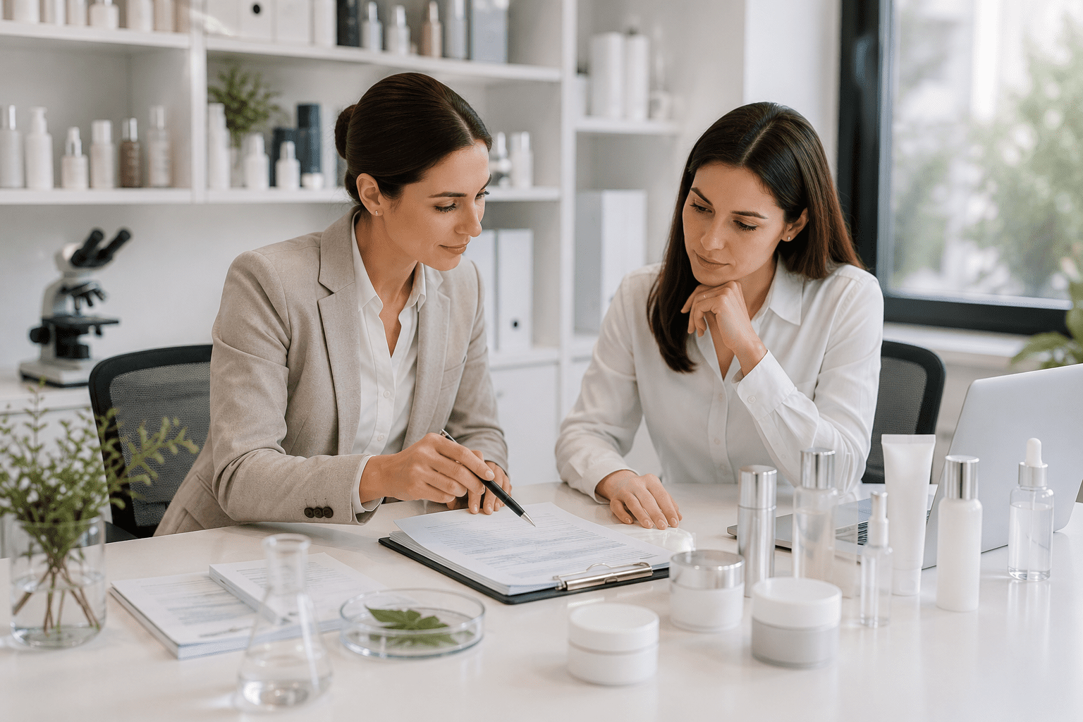 Dos profesionales revisando documentación regulatoria de productos cosméticos en una oficina con laboratorio al fondo
