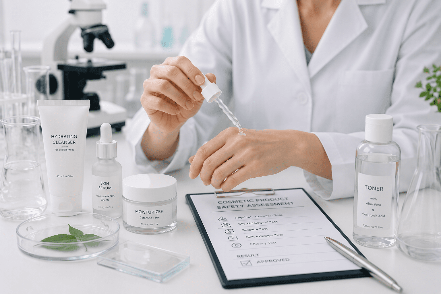 Evaluación de seguridad de un producto cosmético en laboratorio, con checklist de ensayos físico-químicos, microbiológicos y de irritación