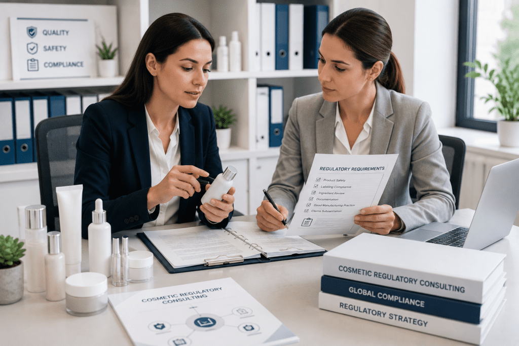 Dos especialistas en asuntos regulatorios revisando los requisitos de cumplimiento de un producto cosmético
