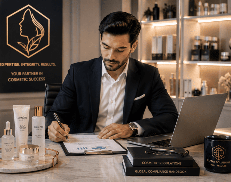 Especialista en asuntos regulatorios revisando documentación junto a una línea de productos cosméticos
